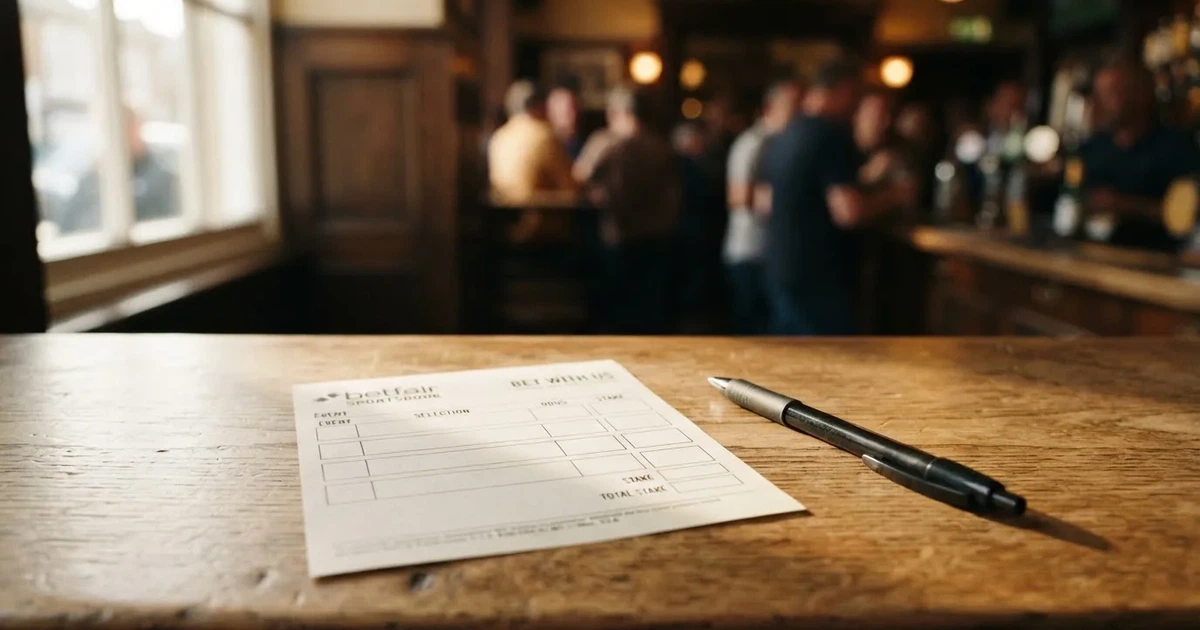 A blank paper betting slip beside a pen on a wooden counter