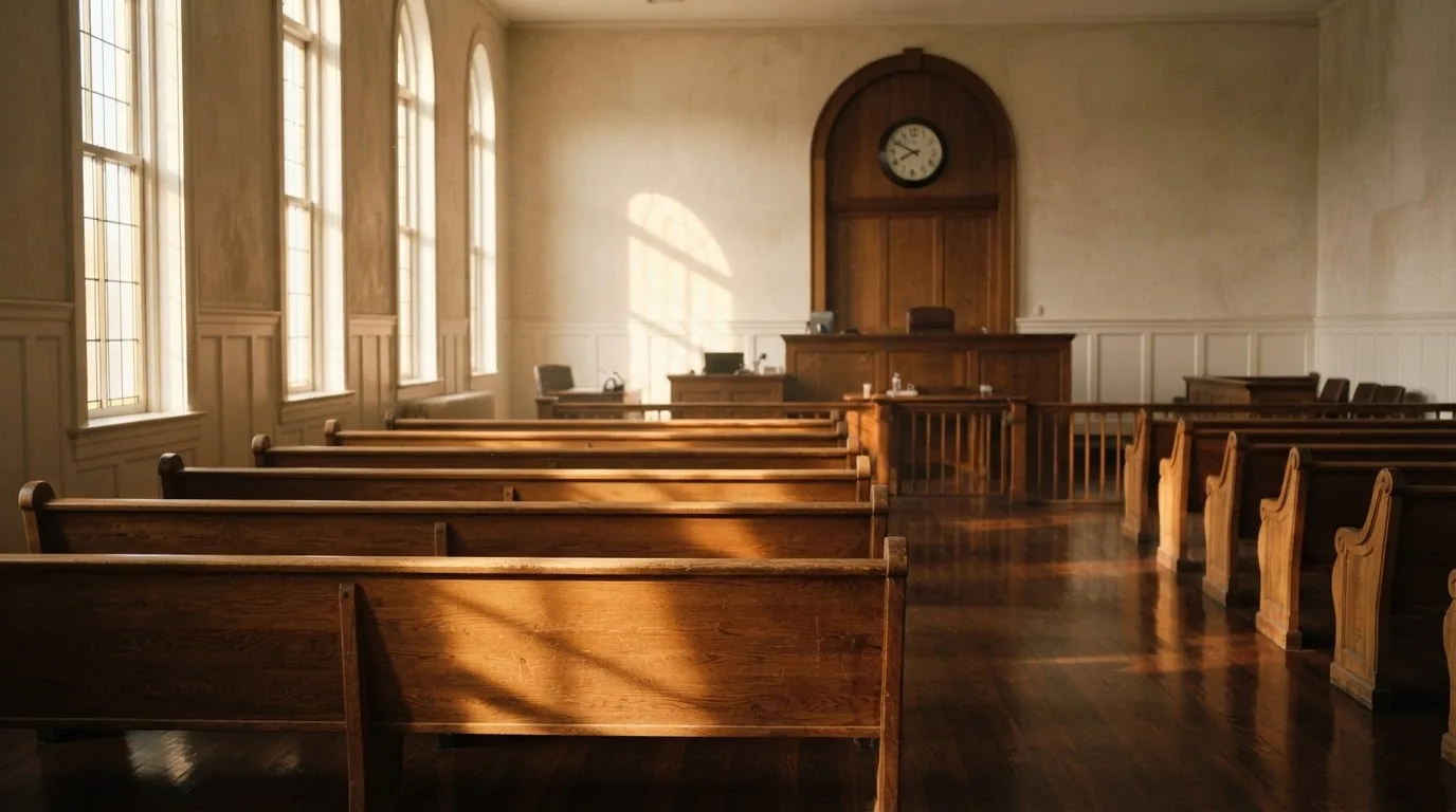An empty courtroom with wooden benches in morning light